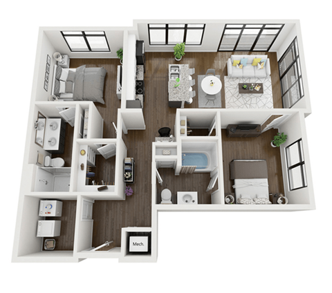 Floor plan for 2 beds, 2 baths, 1040 sqft